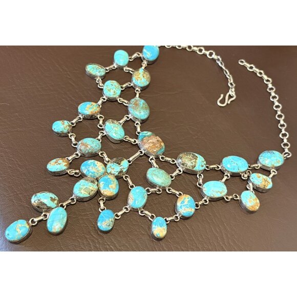 Vintage Sterling Silver Southwest Kingman? Turquoise Bib Statement Necklace 118g - Picture 5 of 14